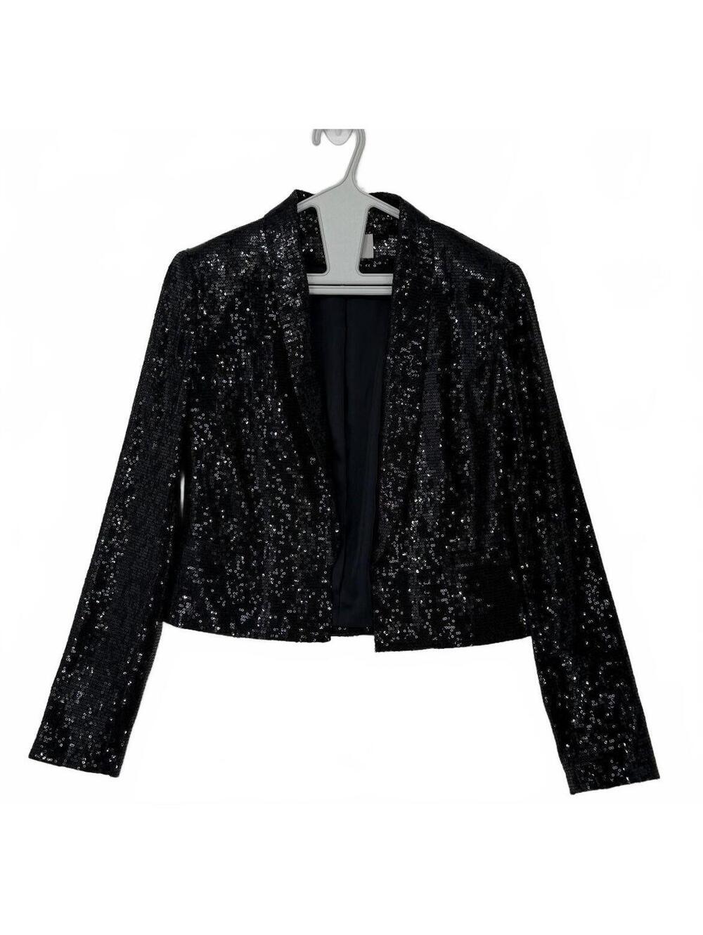 H&M Black Sequin Cropped Blazer Jacket Size 6 Party Y2K Glam